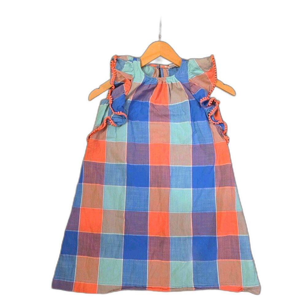J.Crew Crewcuts multicolored plaid madras dress Size 7 neon orange Pom-pom Trim